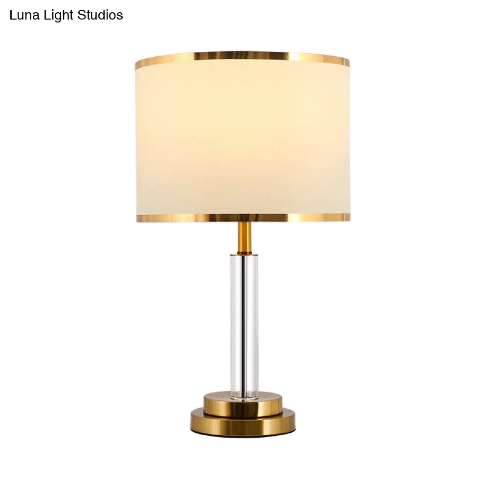 White Traditional Table Lamp With Crystal Lamp-Post And Fabric Shade - 1 Bulb Circular Nightstand