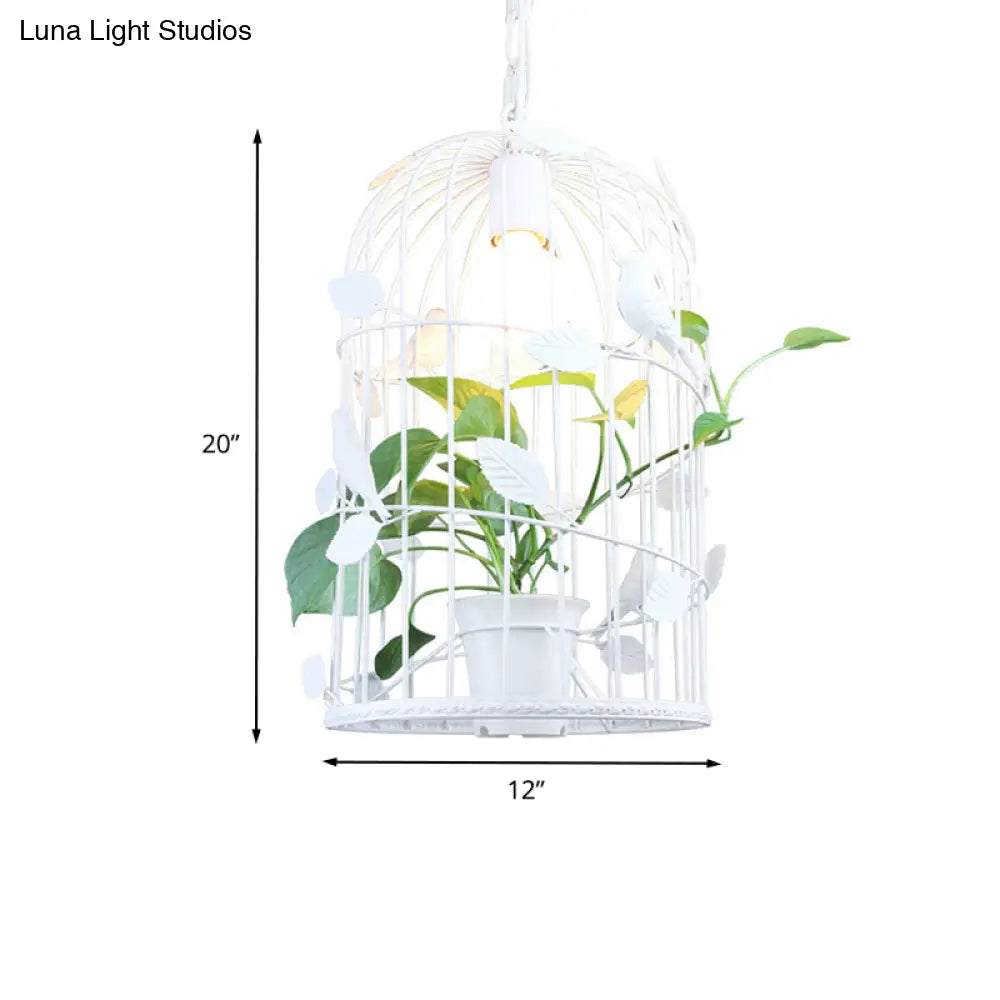 White Vintage Bird Cage Pendant Light With Potted Plant Design - 1 Bulb Iron Ceiling Lamp