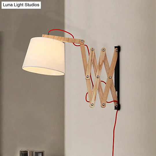 White Wall Lamp With Extendable Arm - Cylinder Fabric Shade Sconce For Living Room