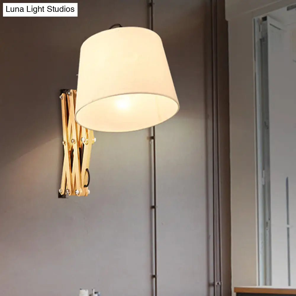 White Wall Lamp With Extendable Arm - Cylinder Fabric Shade Sconce For Living Room