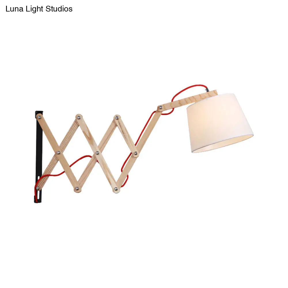 White Wall Lamp With Extendable Arm - Cylinder Fabric Shade Sconce For Living Room