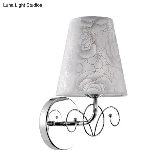 White Wall Lamp With Rose Print Fabric Cone Shade - 1-Light Countryside Sconce For Parlor