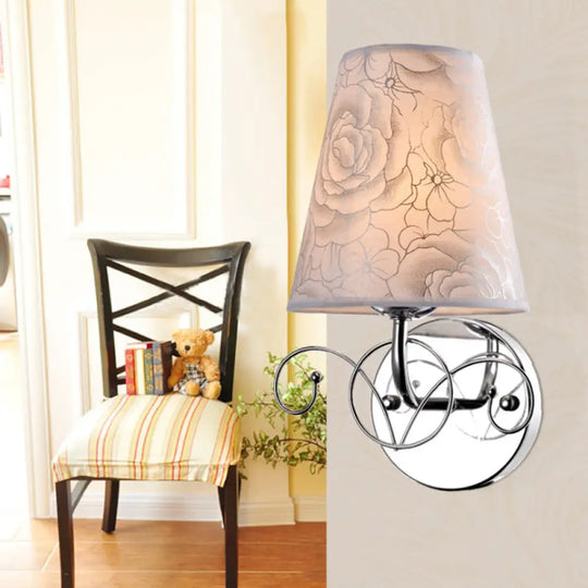 White Wall Lamp With Rose Print Fabric Cone Shade - 1-Light Countryside Sconce For Parlor