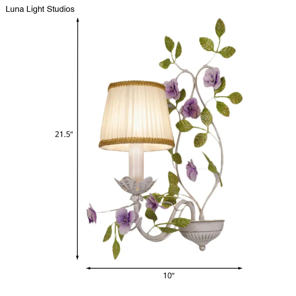 White Wall Sconce With Purple Flower Design And Pleated Shade For Bedroom Decor