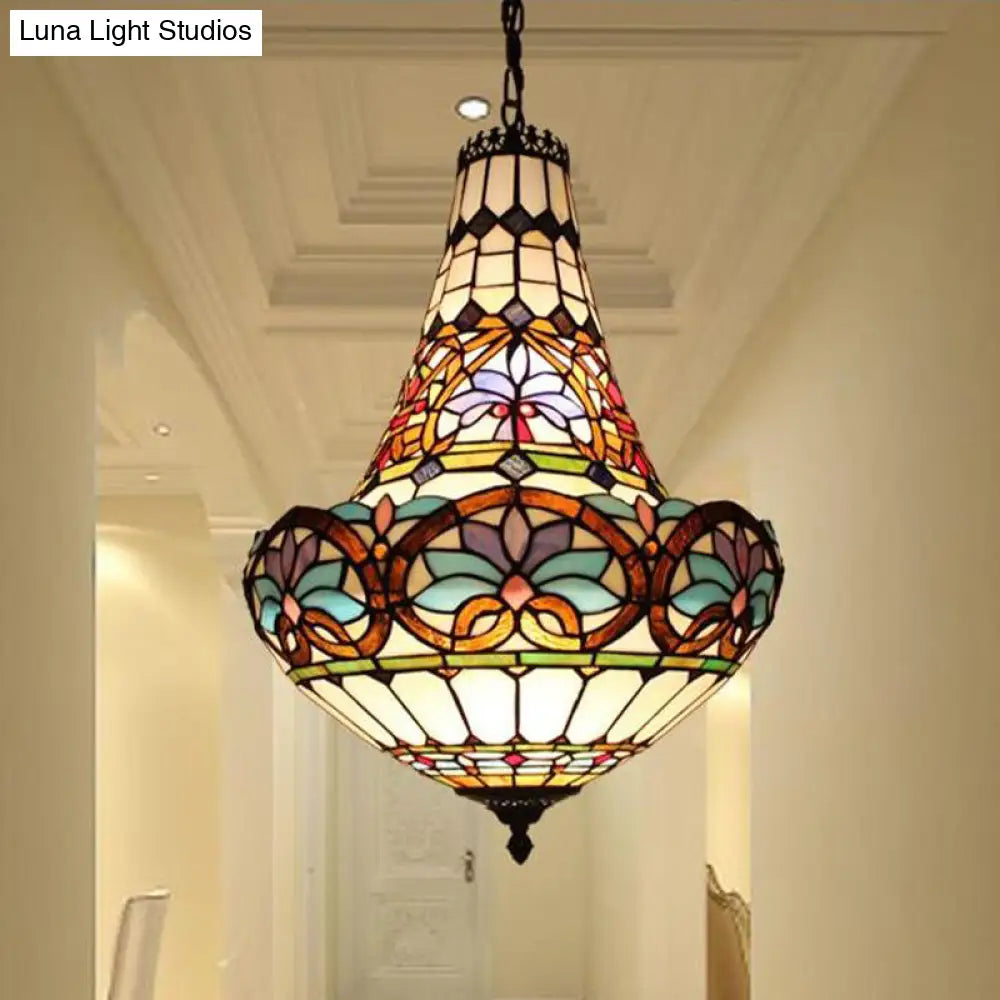 Antique Bronze Flower Chandelier Light Fixture - Tiffany Stained Glass Ceiling Pendant 3/5 Lights