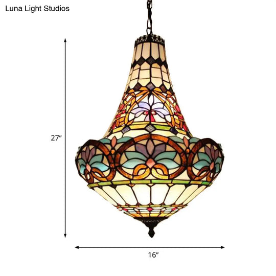 Antique Bronze Flower Chandelier Light Fixture - Tiffany Stained Glass Ceiling Pendant 3/5 Lights