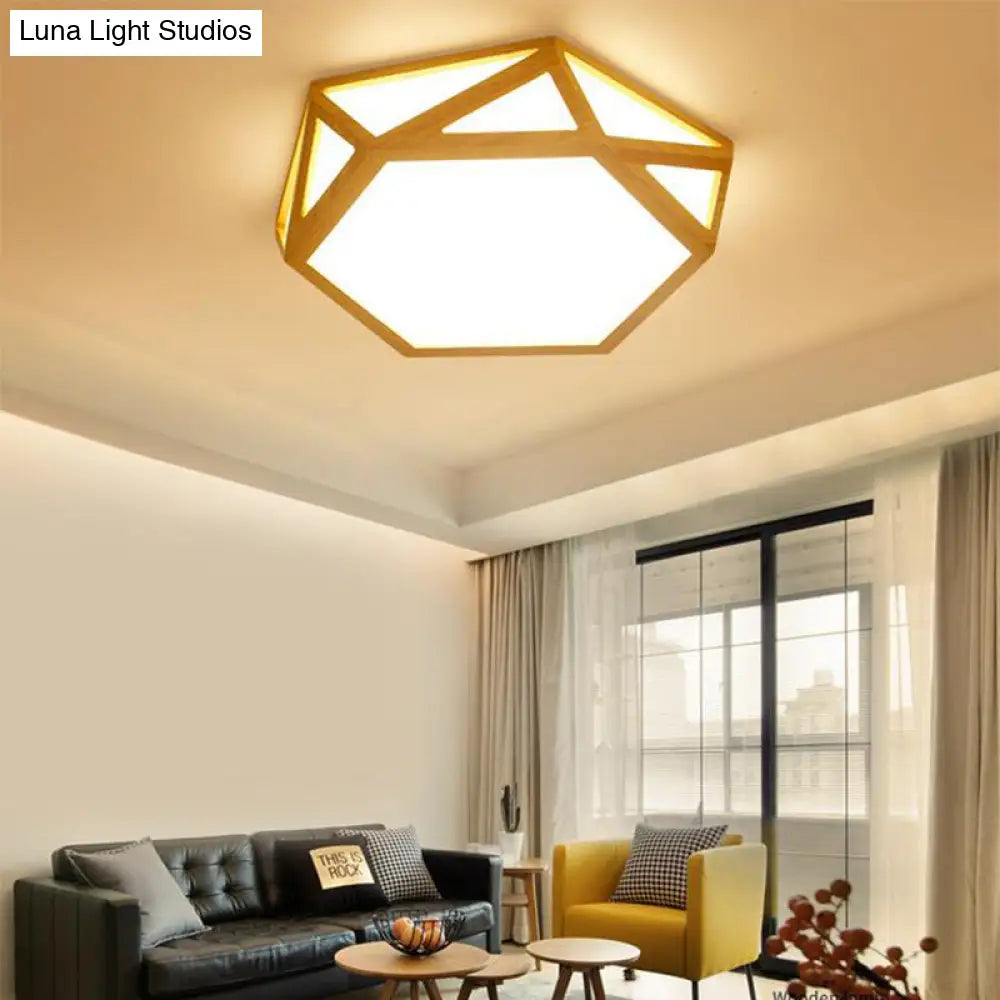 Wide Geometric Flush Mount Nordic Wood Led Lamp - 16/19.5/23.5 Beige Design For Living Room