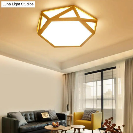 Wide Geometric Flush Mount Nordic Wood Led Lamp - 16/19.5/23.5 Beige Design For Living Room