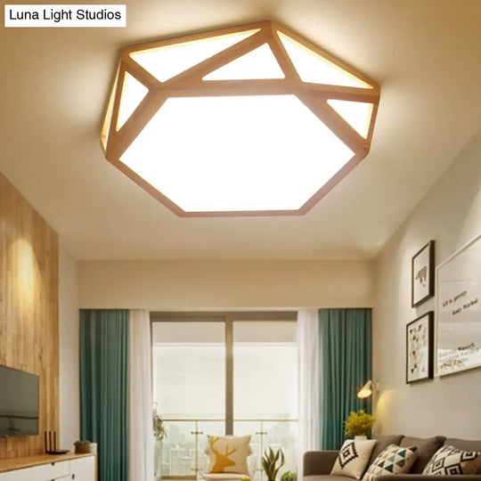 Wide Geometric Flush Mount Nordic Wood Led Lamp - 16/19.5/23.5 Beige Design For Living Room / 16
