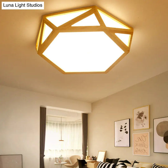 Wide Geometric Flush Mount Nordic Wood Led Lamp - 16/19.5/23.5 Beige Design For Living Room