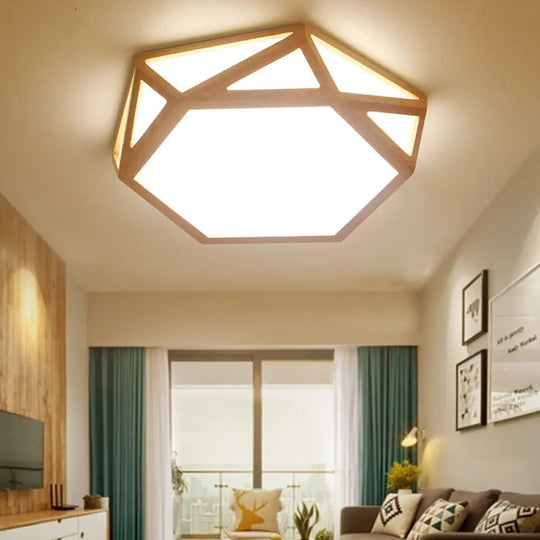 Wide Geometric Flush Mount Nordic Wood Led Lamp - 16’/19.5’/23.5’ Beige Design For Living Room / 16’