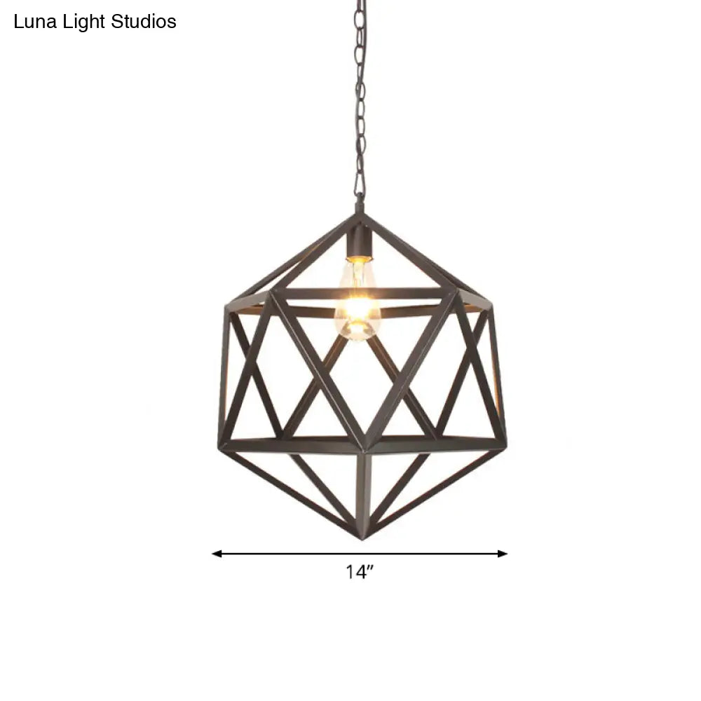 Wide Industrial Dining Table Pendant Light With Geometric Iron Cage 1-Light And Black Finish