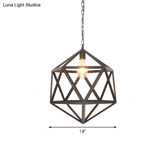 Wide Industrial Dining Table Pendant Light With Geometric Iron Cage 1-Light And Black Finish