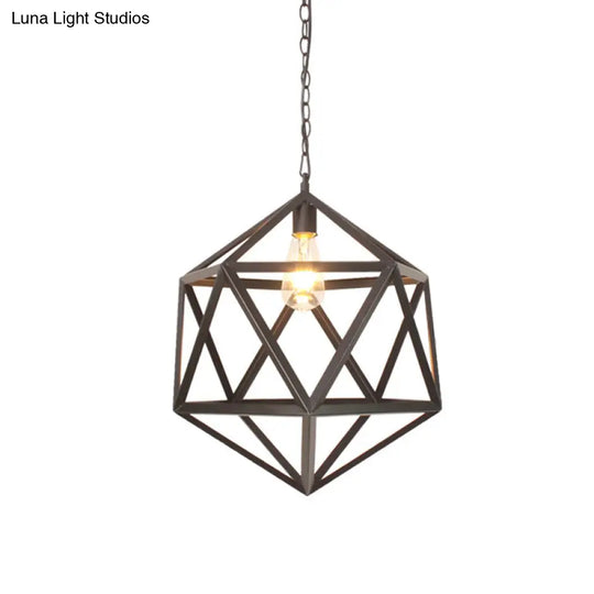 Wide Industrial Dining Table Pendant Light With Geometric Iron Cage 1-Light And Black Finish