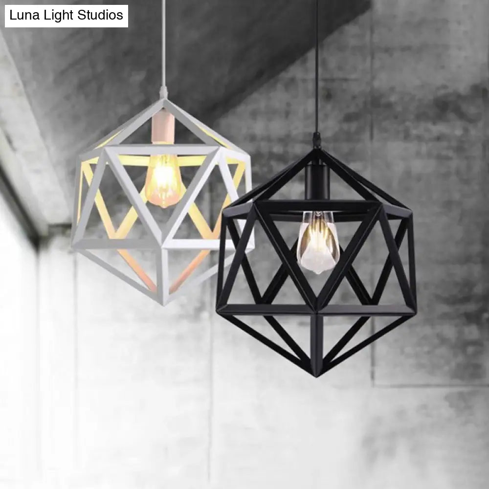 Wide Industrial Dining Table Pendant Light With Geometric Iron Cage 1-Light And Black Finish