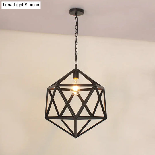 Wide Industrial Dining Table Pendant Light With Geometric Iron Cage 1-Light And Black Finish