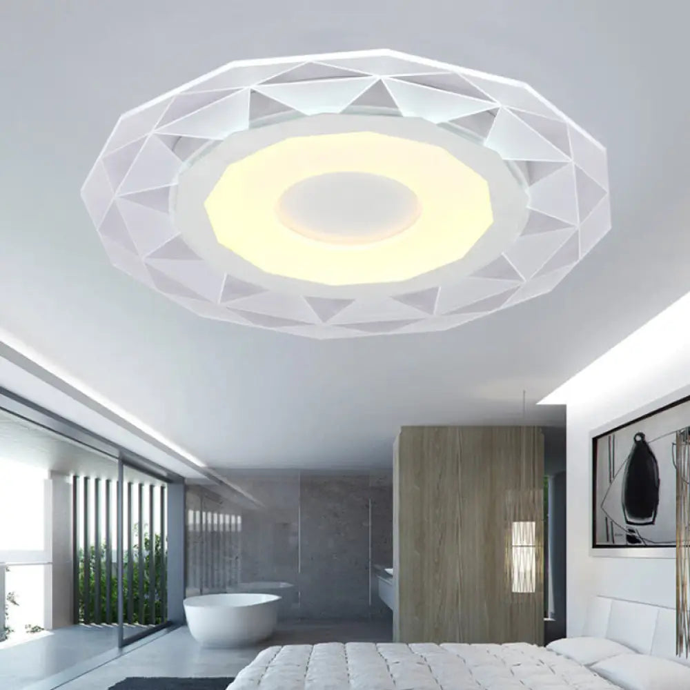 Wide Led Bedroom Flushmount With Polygon Acrylic Shade In White - 16.5’/20.5’/24.5’ Sizes