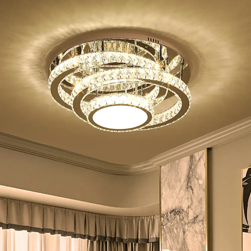 Wide Led Ceiling Lamp - Modern Ring Design With Clear Rectangular - Cut Crystals Stainless - Steel