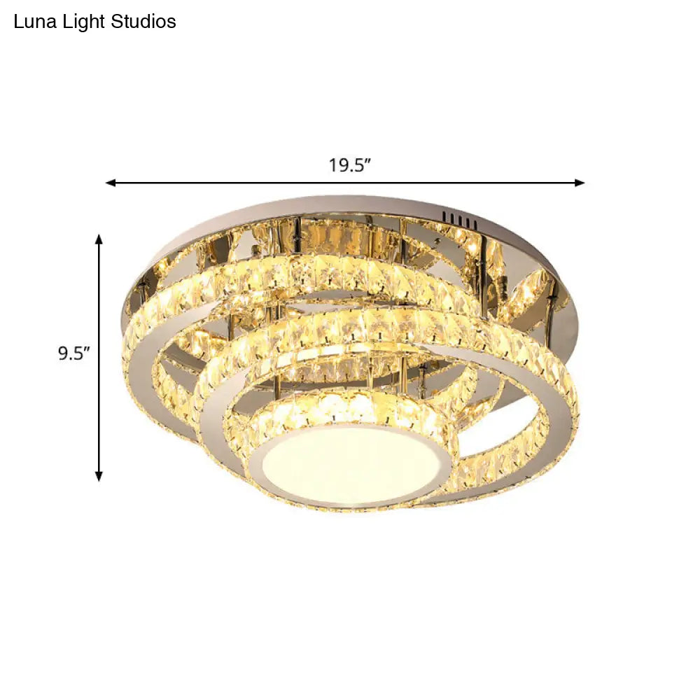 Wide Led Ceiling Lamp - Modern Ring Design With Clear Rectangular - Cut Crystals Stainless - Steel