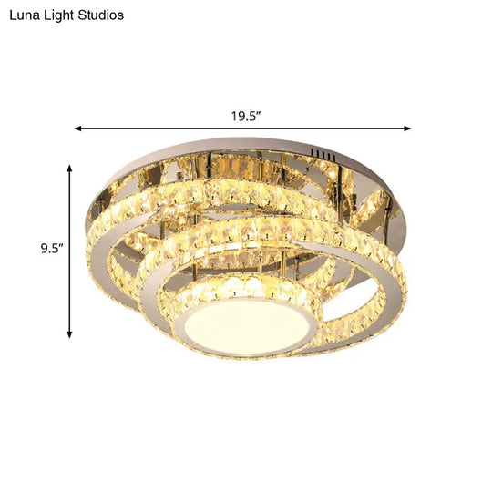 Wide Led Ceiling Lamp - Modern Ring Design With Clear Rectangular - Cut Crystals Stainless - Steel