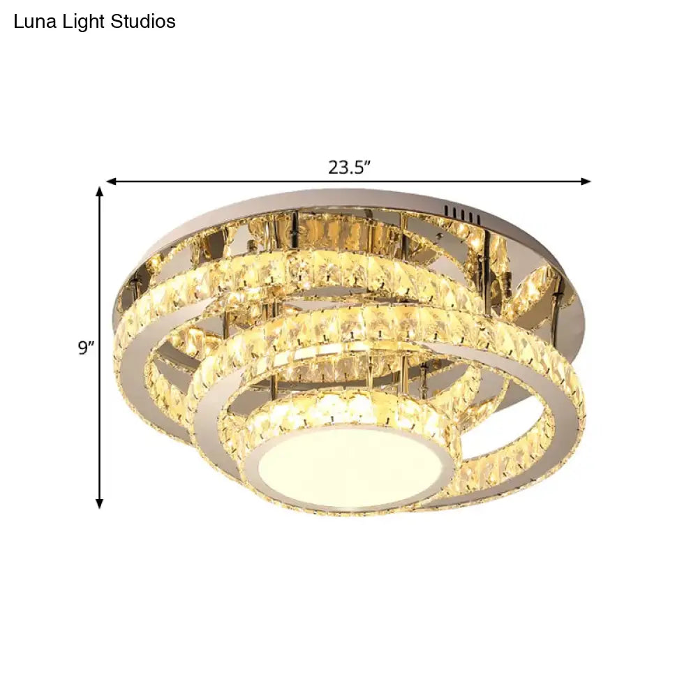 Wide Led Ceiling Lamp - Modern Ring Design With Clear Rectangular - Cut Crystals Stainless - Steel