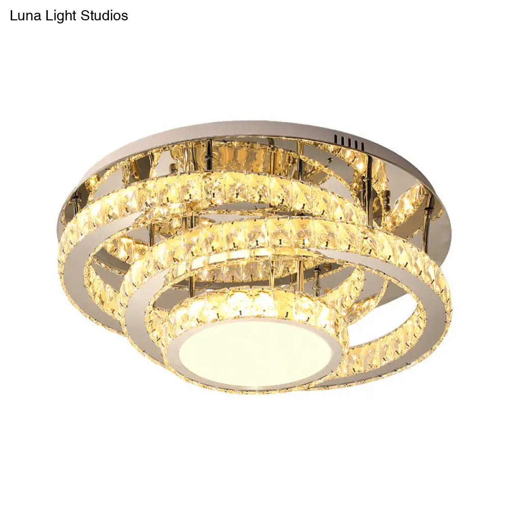 Wide Led Ceiling Lamp - Modern Ring Design With Clear Rectangular - Cut Crystals Stainless - Steel