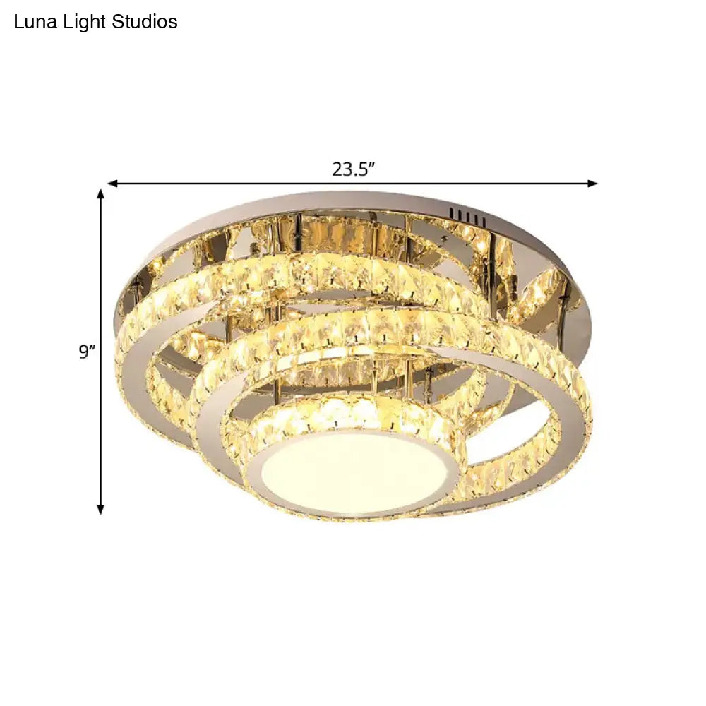 Wide Led Ceiling Lamp - Modern Ring Design With Clear Rectangular-Cut Crystals Stainless-Steel Flush