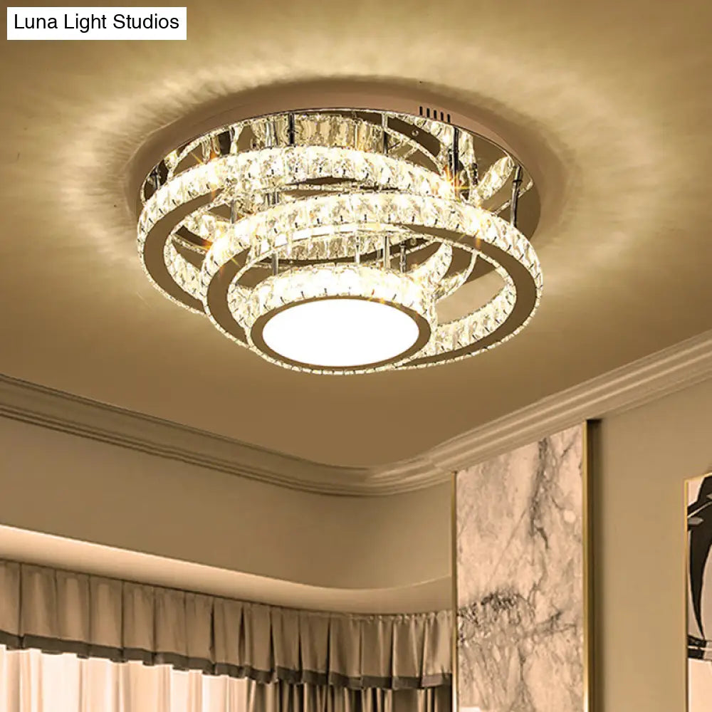 Wide Led Ceiling Lamp - Modern Ring Design With Clear Rectangular-Cut Crystals Stainless-Steel Flush
