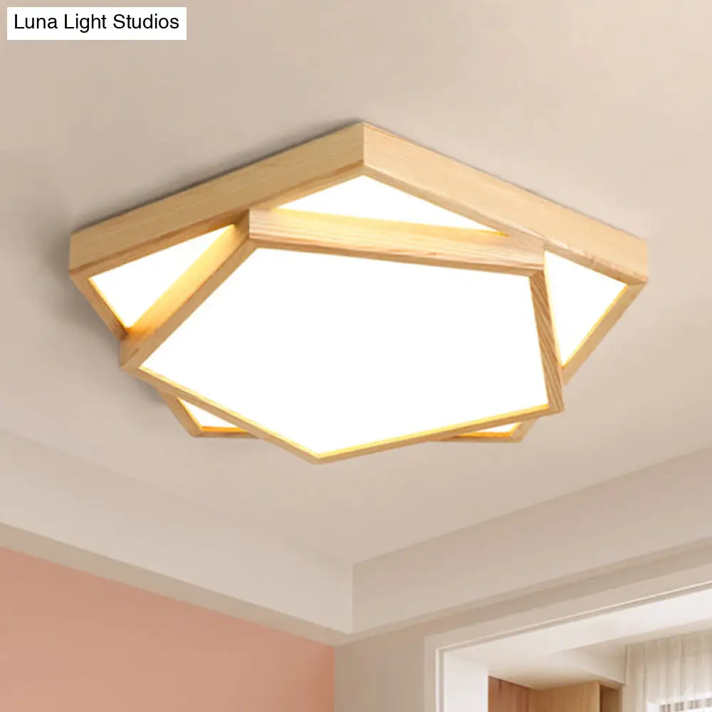 Wide Modern Pentagon Wooden Flush Mount Ceiling Lamp - Led Pendant Light Fixture (1-Light) In