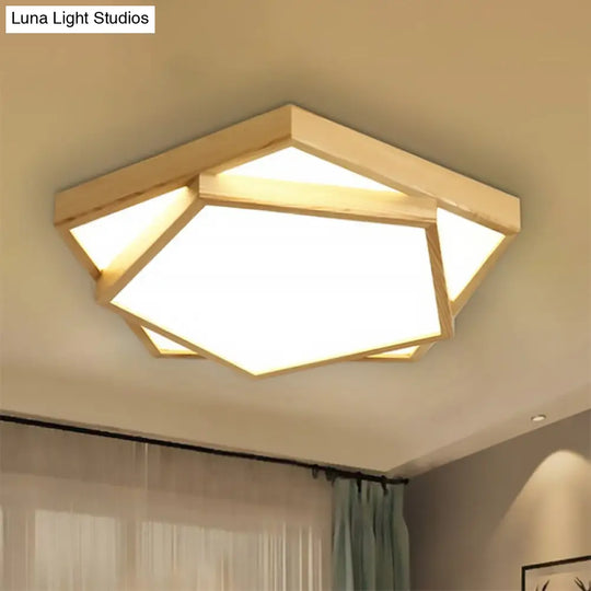 Wide Modern Pentagon Wooden Flush Mount Ceiling Lamp - Led Pendant Light Fixture (1-Light) In