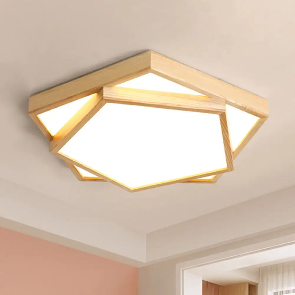 Wide Modern Pentagon Wooden Flush Mount Ceiling Lamp - Led Pendant Light Fixture (1-Light) In