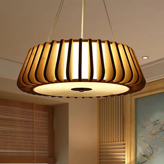 Wide Tapered Suspension Lighting - Traditional Wood 1-Bulb Nickel Hanging Ceiling Light