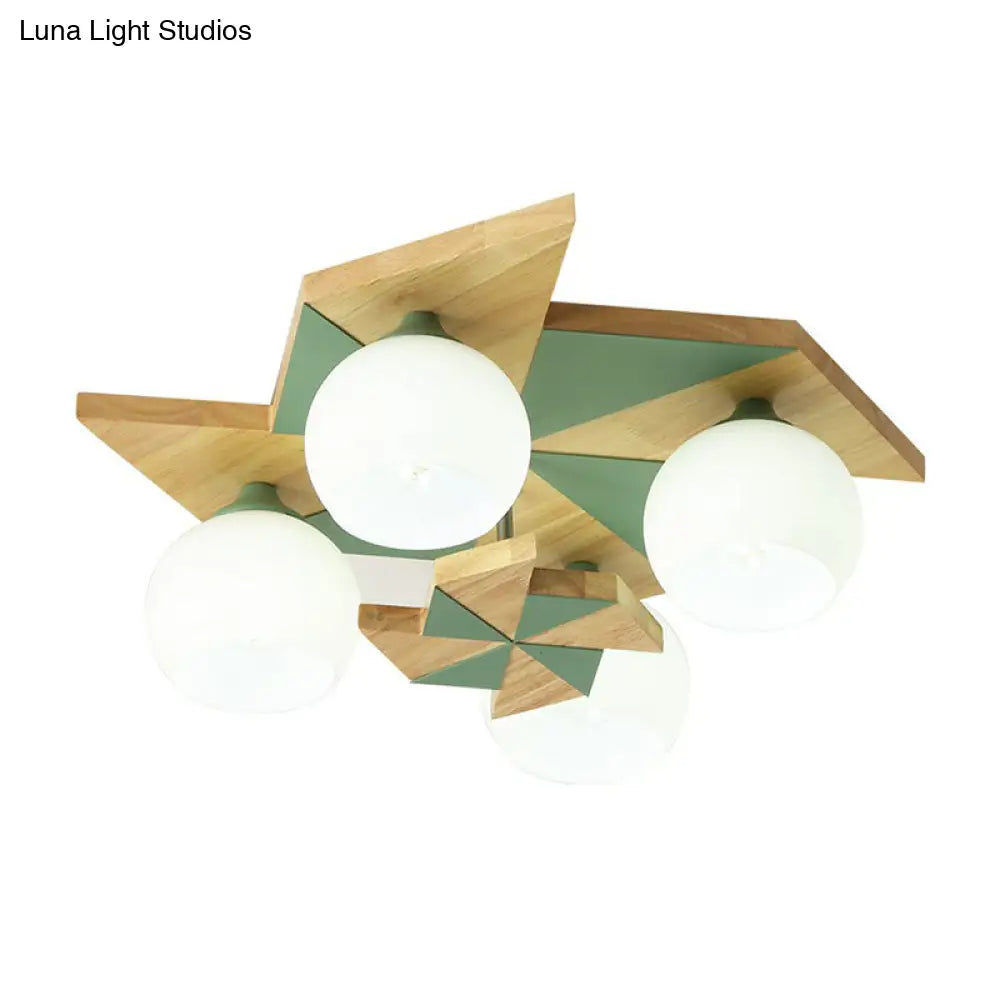Windmill Kids Wooden Flush Mount Light With Sphere Opal Glass Shade - Nordic 4 - Head Fixture
