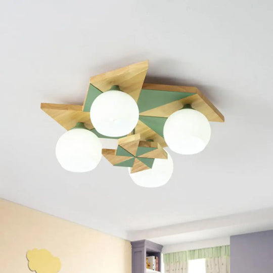 Windmill Kids Wooden Flush Mount Light With Sphere Opal Glass Shade - Nordic 4 - Head Fixture Green