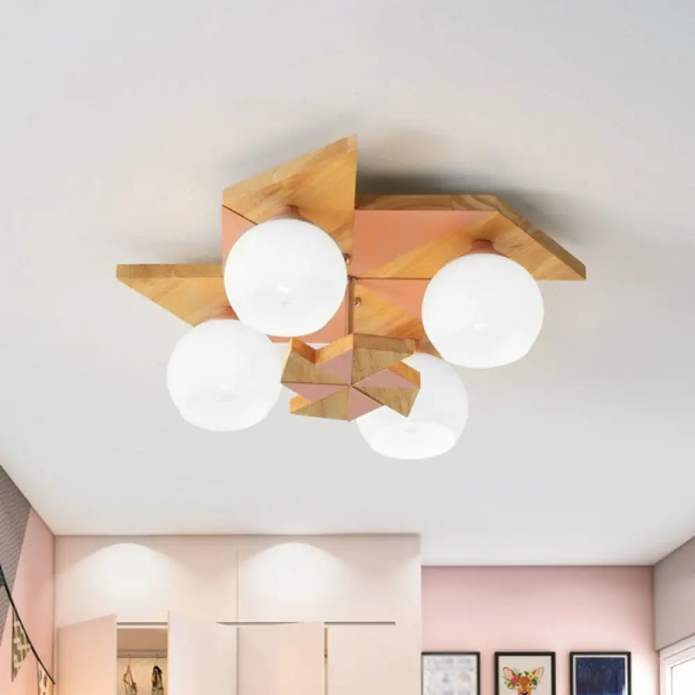 Windmill Kids Wooden Flush Mount Light With Sphere Opal Glass Shade - Nordic 4 - Head Fixture Pink