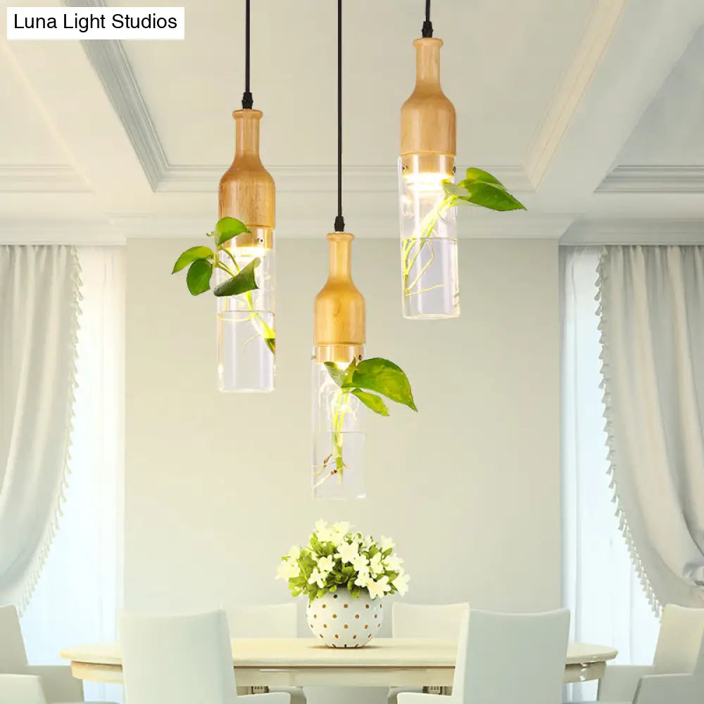 Wine Glass Pendant Art Deco Ceiling Fixture - Clear & Wood | Bedroom Plant Décor 1-Bulb Hang