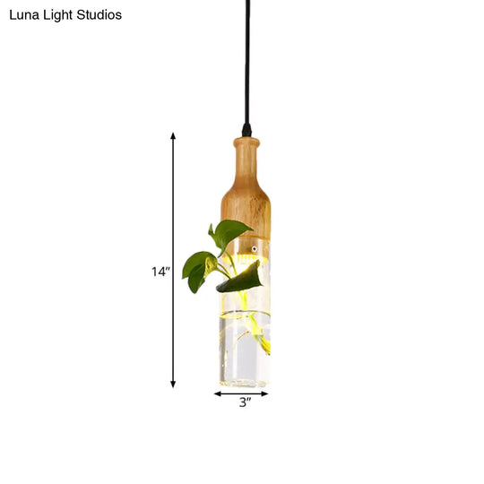 Wine Glass Pendant Art Deco Ceiling Fixture - Clear & Wood | Bedroom Plant Décor 1-Bulb Hang