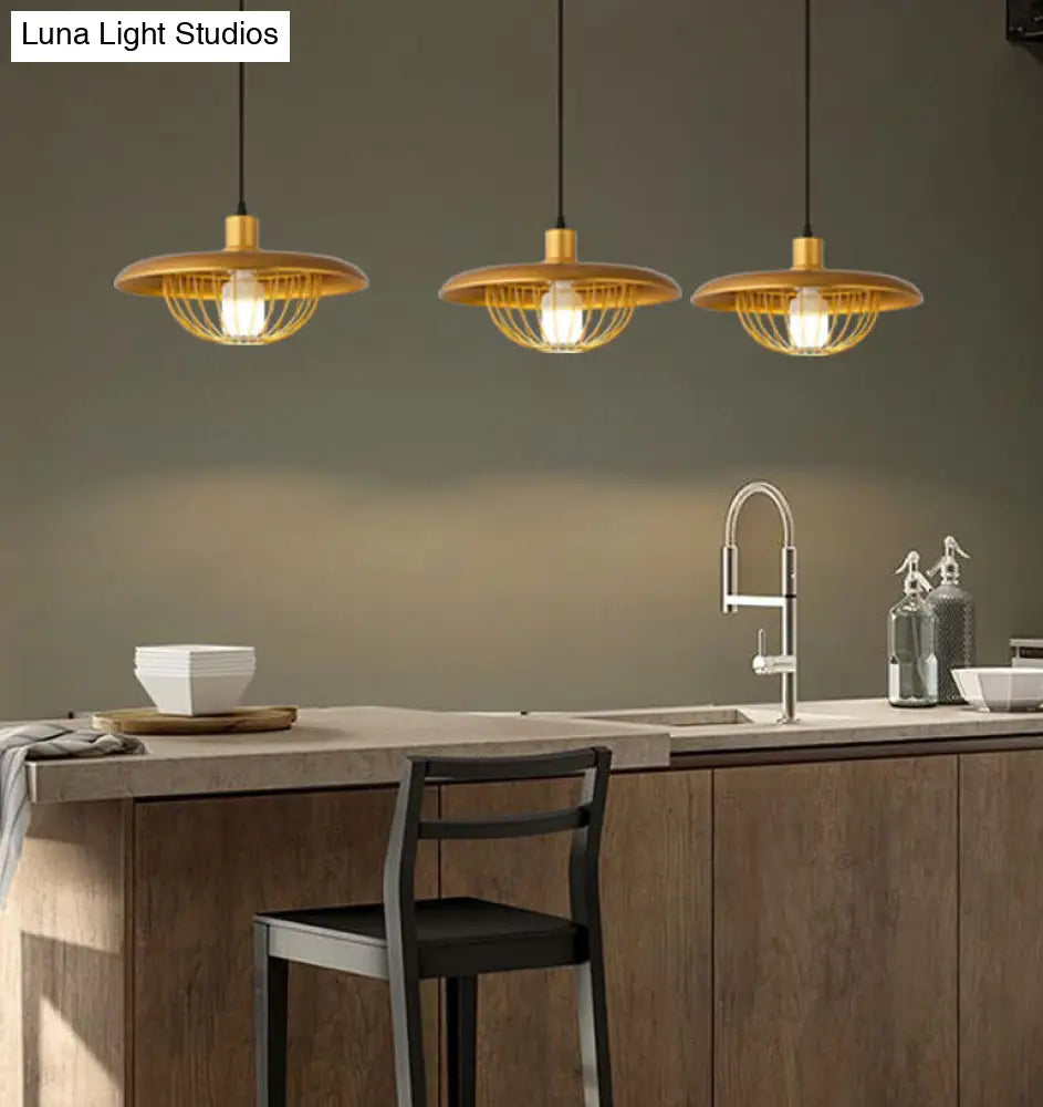 Wire Cage Down Lighting Pendant With Metal Shade - Modern Style Fixture