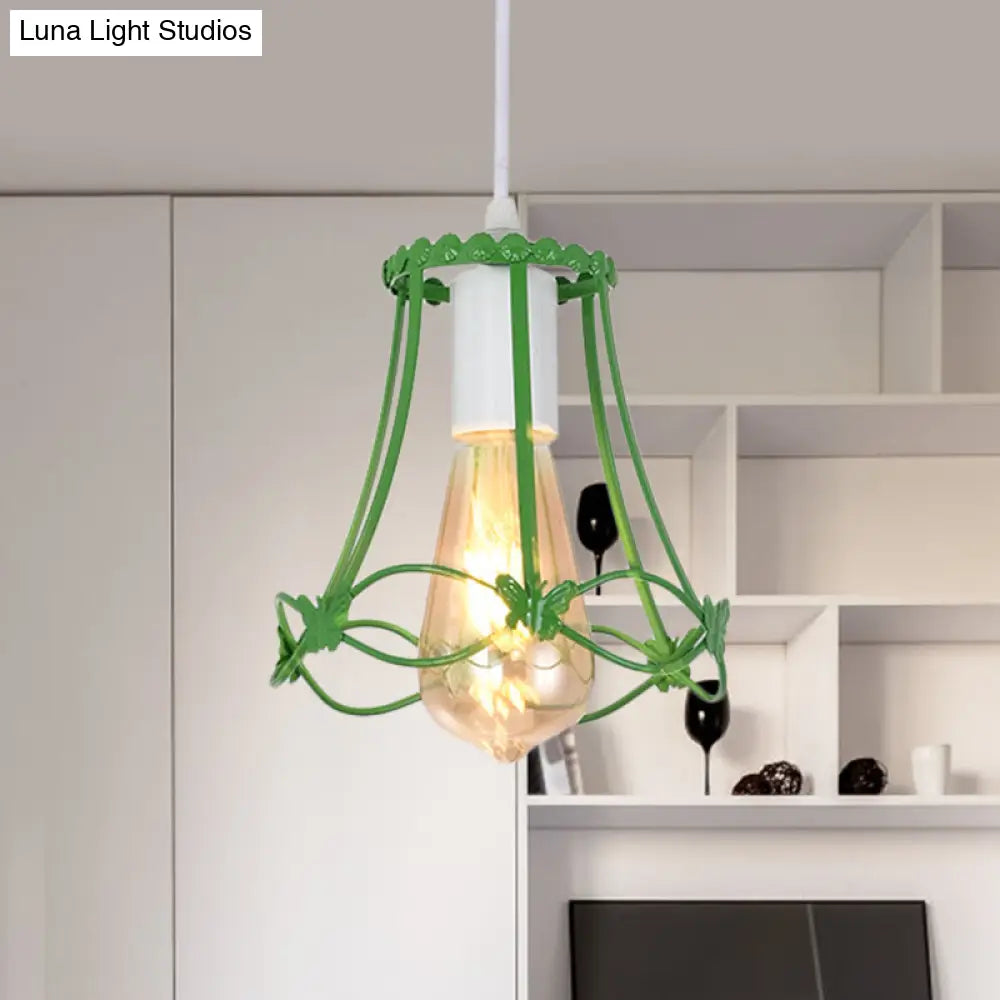 Wire Cage Mini Pendant Lamp In Blue/Green/Yellow - Modern Metal Hanging Ceiling Light