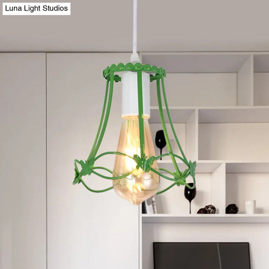 Wire Cage Mini Pendant Lamp In Blue/Green/Yellow - Modern Metal Hanging Ceiling Light