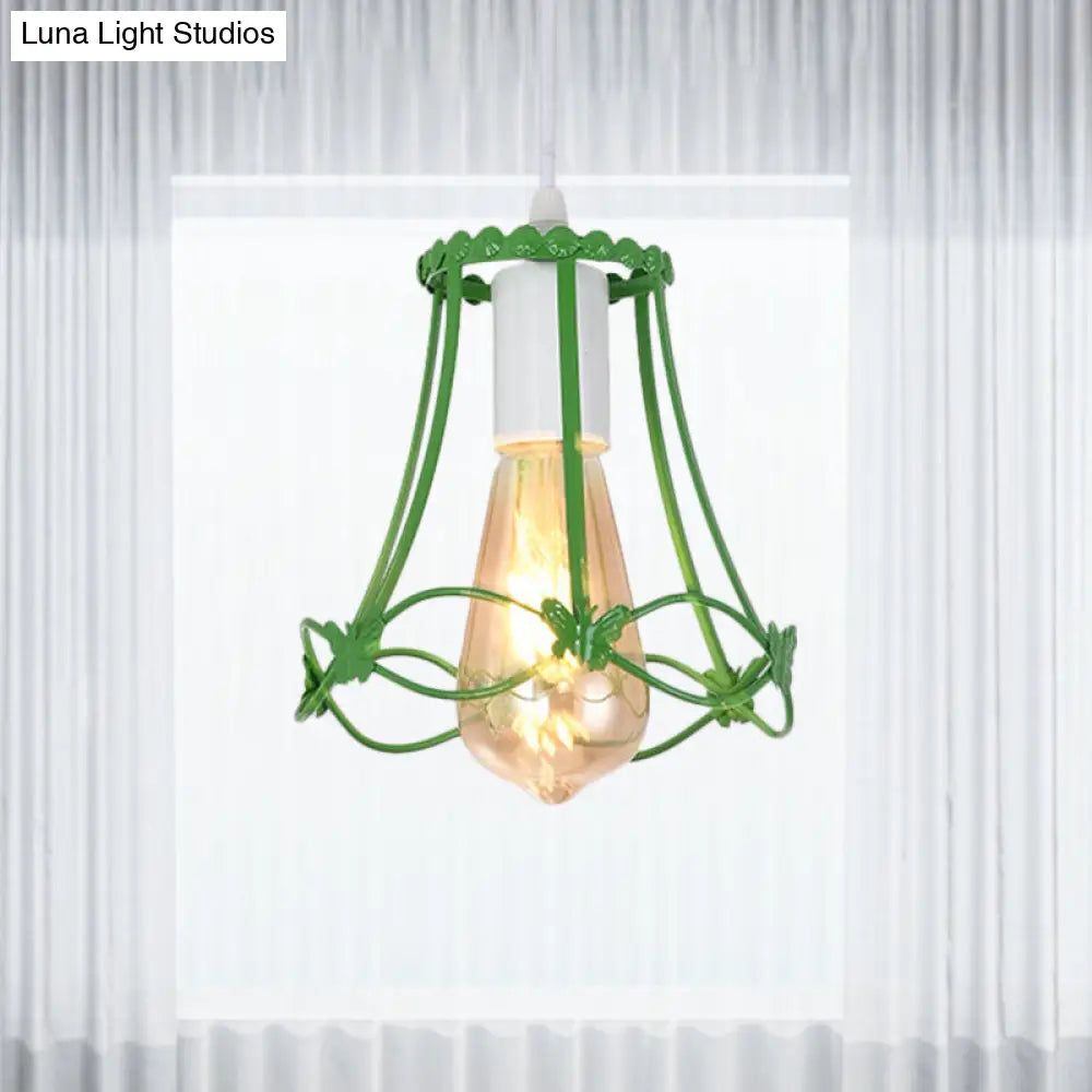 Wire Cage Mini Pendant Lamp In Blue/Green/Yellow - Modern Metal Hanging Ceiling Light Green