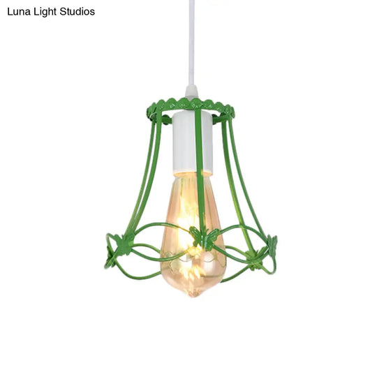 Wire Cage Mini Pendant Lamp In Blue/Green/Yellow - Modern Metal Hanging Ceiling Light