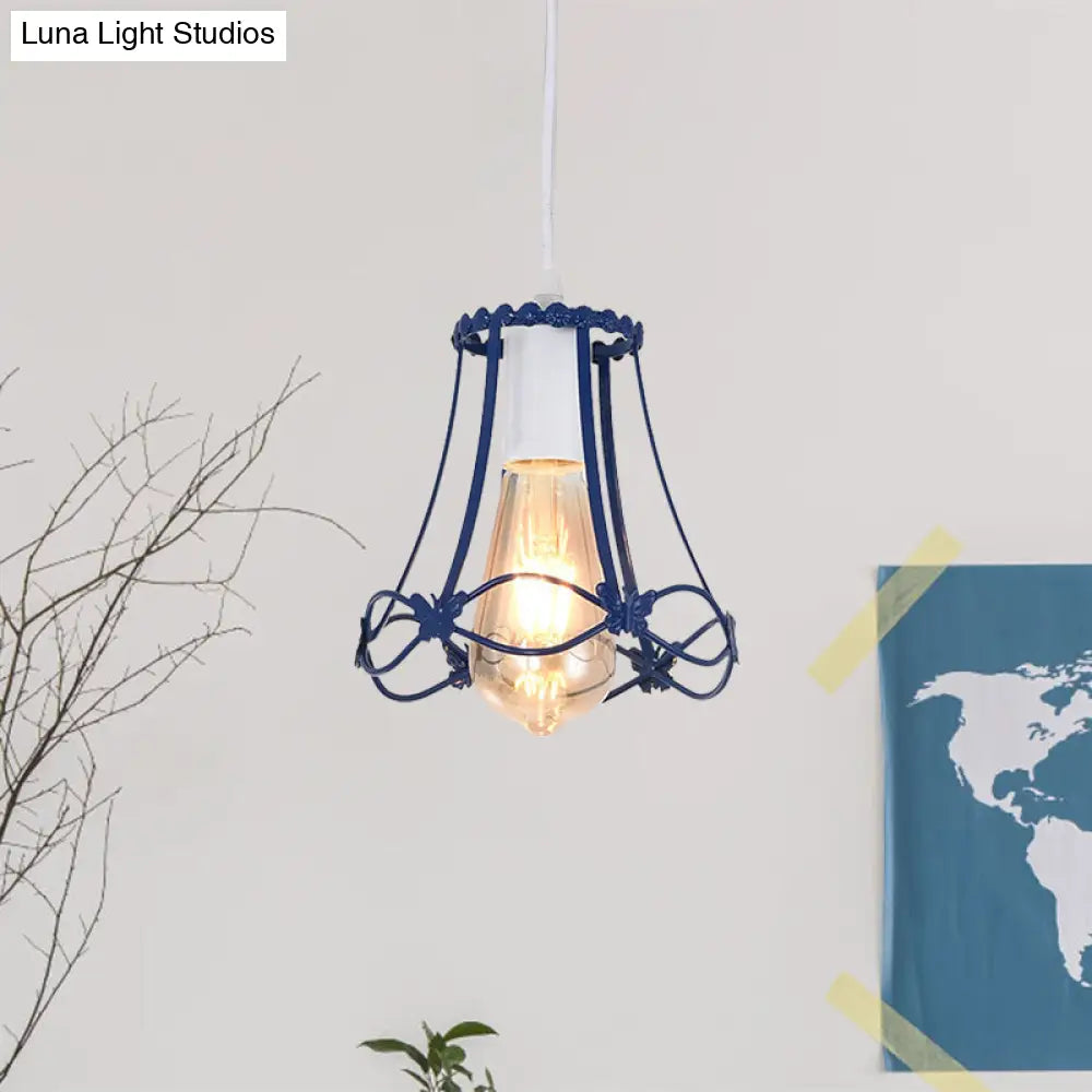 Wire Cage Mini Pendant Lamp - Modern 1-Light Hanging Ceiling Light In Blue/Green/Yellow