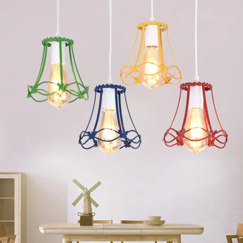 Wire Cage Mini Pendant Lamp - Modern 1-Light Hanging Ceiling Light In Blue/Green/Yellow Red