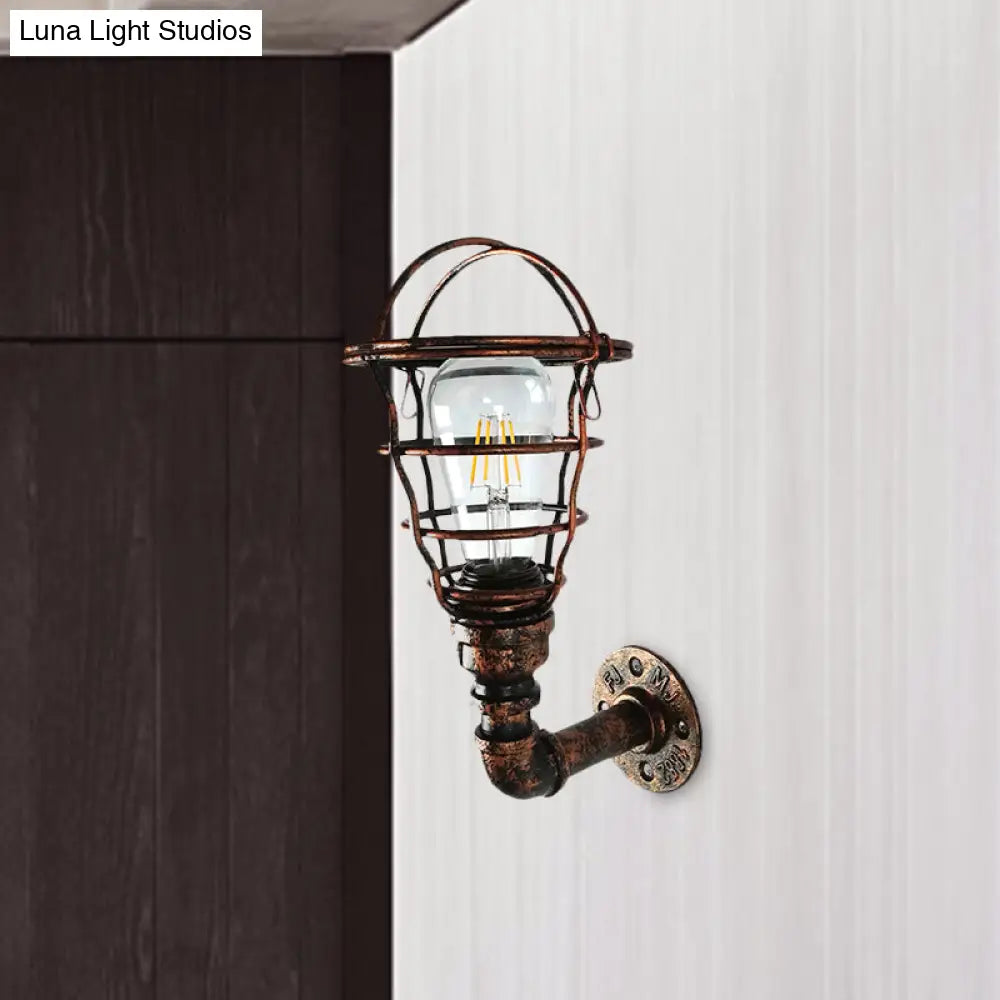 Wire Cage Sconce With Industrial Pipe & Rust Finish