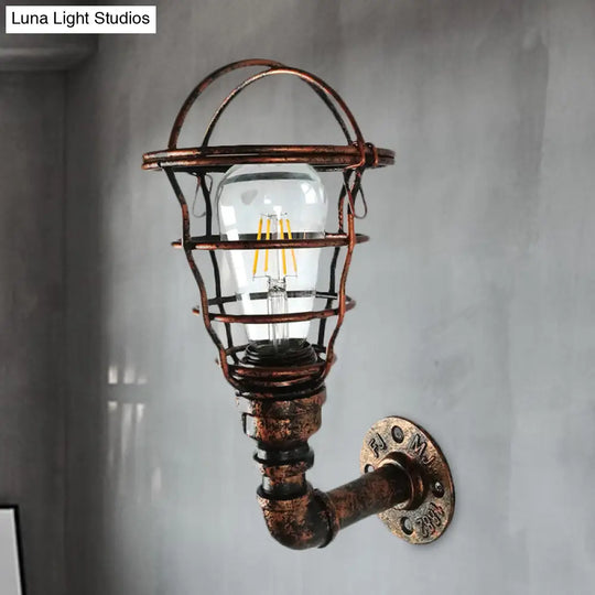 Wire Cage Sconce With Industrial Pipe & Rust Finish