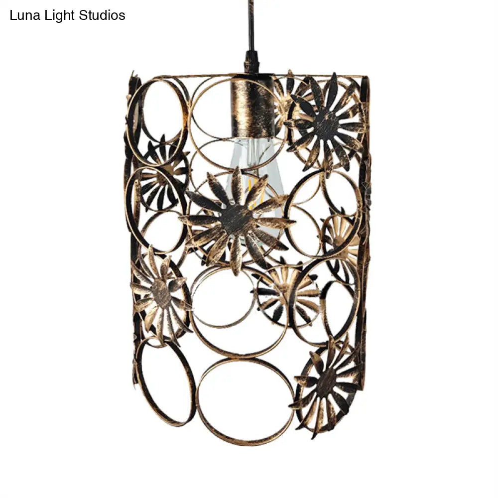 Lodge Style Wire Circle Pendant Light With Flower Pattern - Aged Brass Finish Perfect For Living