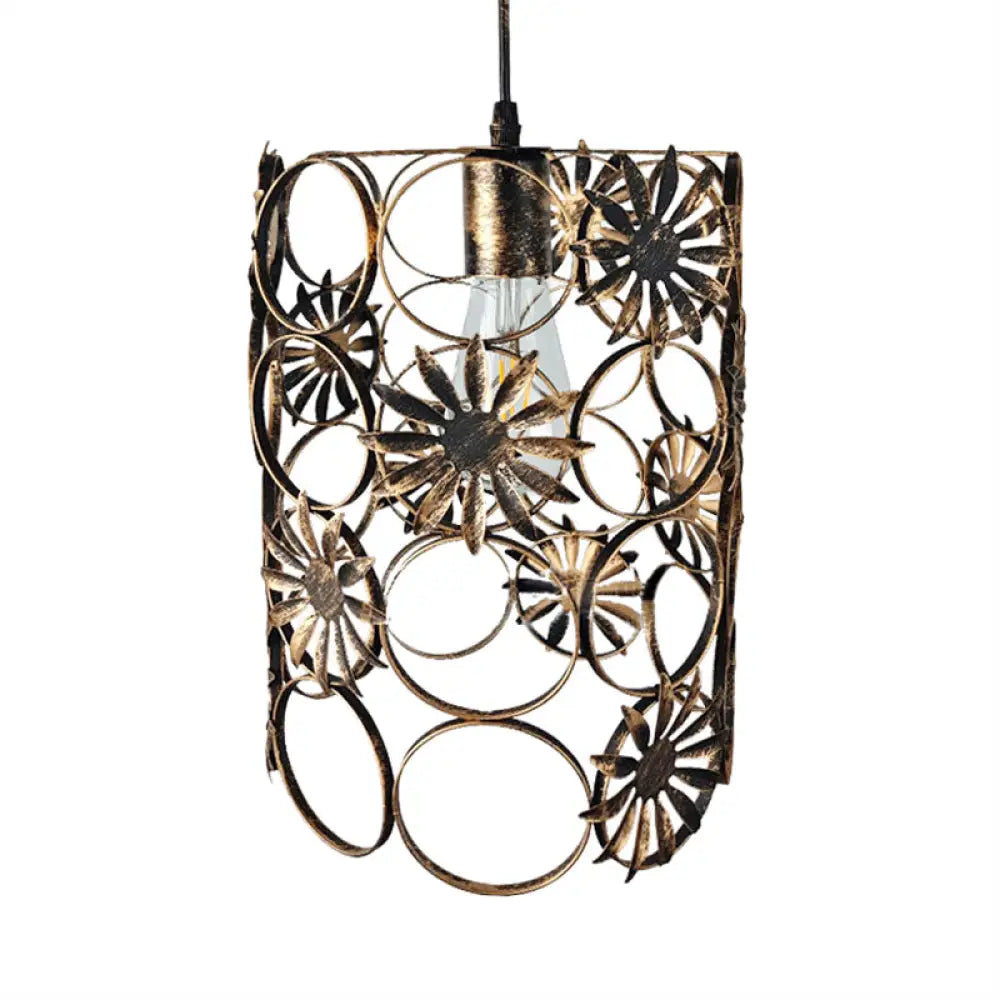 Wire Circles Pendant Light With Flower Pattern Lodge Style Aged Brass Finish - 1 Bulb Hanging Lamp
