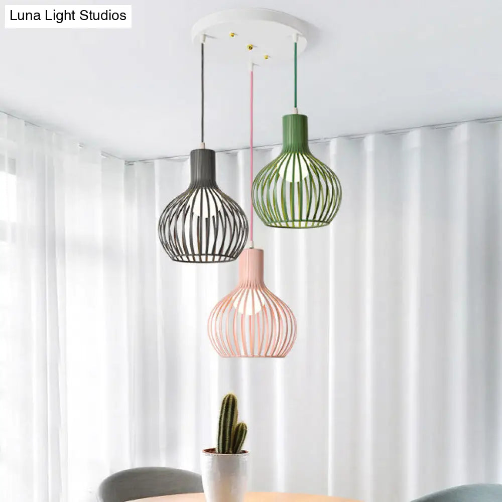 Industrial Dining Room Hanging Light With Metal Dome Shade In Grey/Pink - Set Of 3 Bulbs