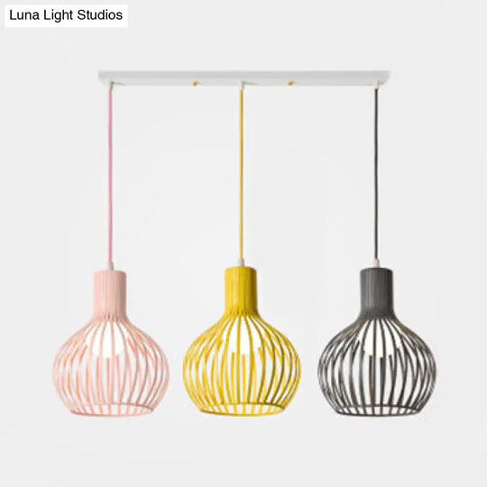 Industrial Dining Room Hanging Light With Metal Dome Shade In Grey/Pink - Set Of 3 Bulbs